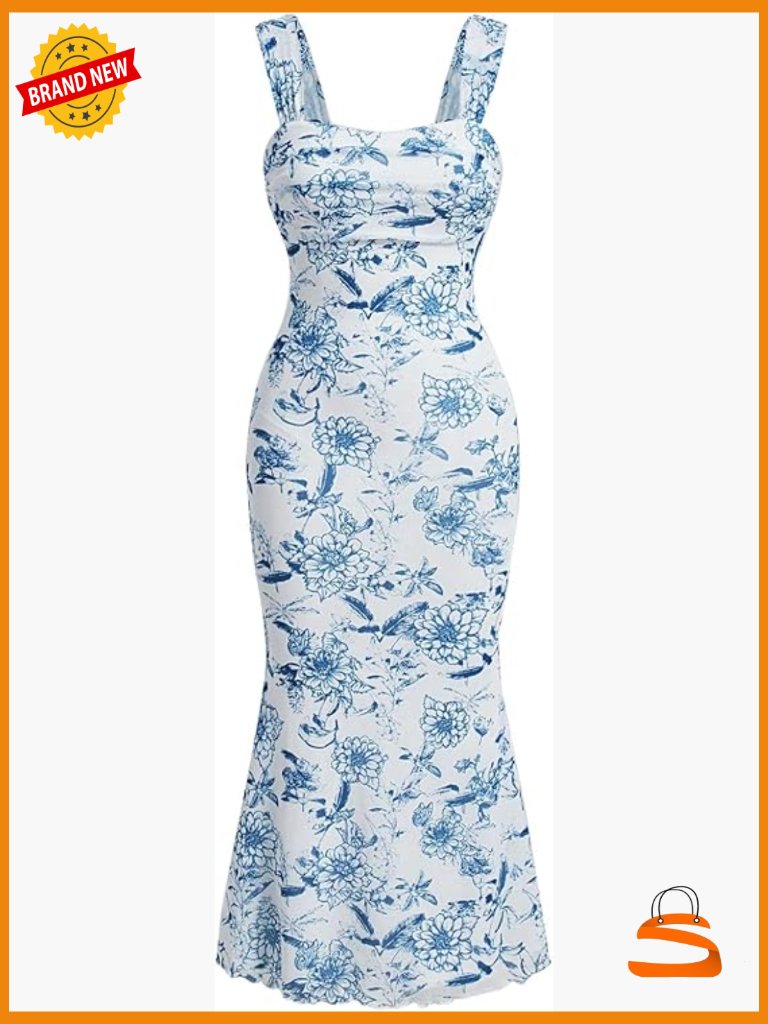 Women's Floral Summer Pastel Mesh Bodycon Ruched Midi Sundress Wedding Guest